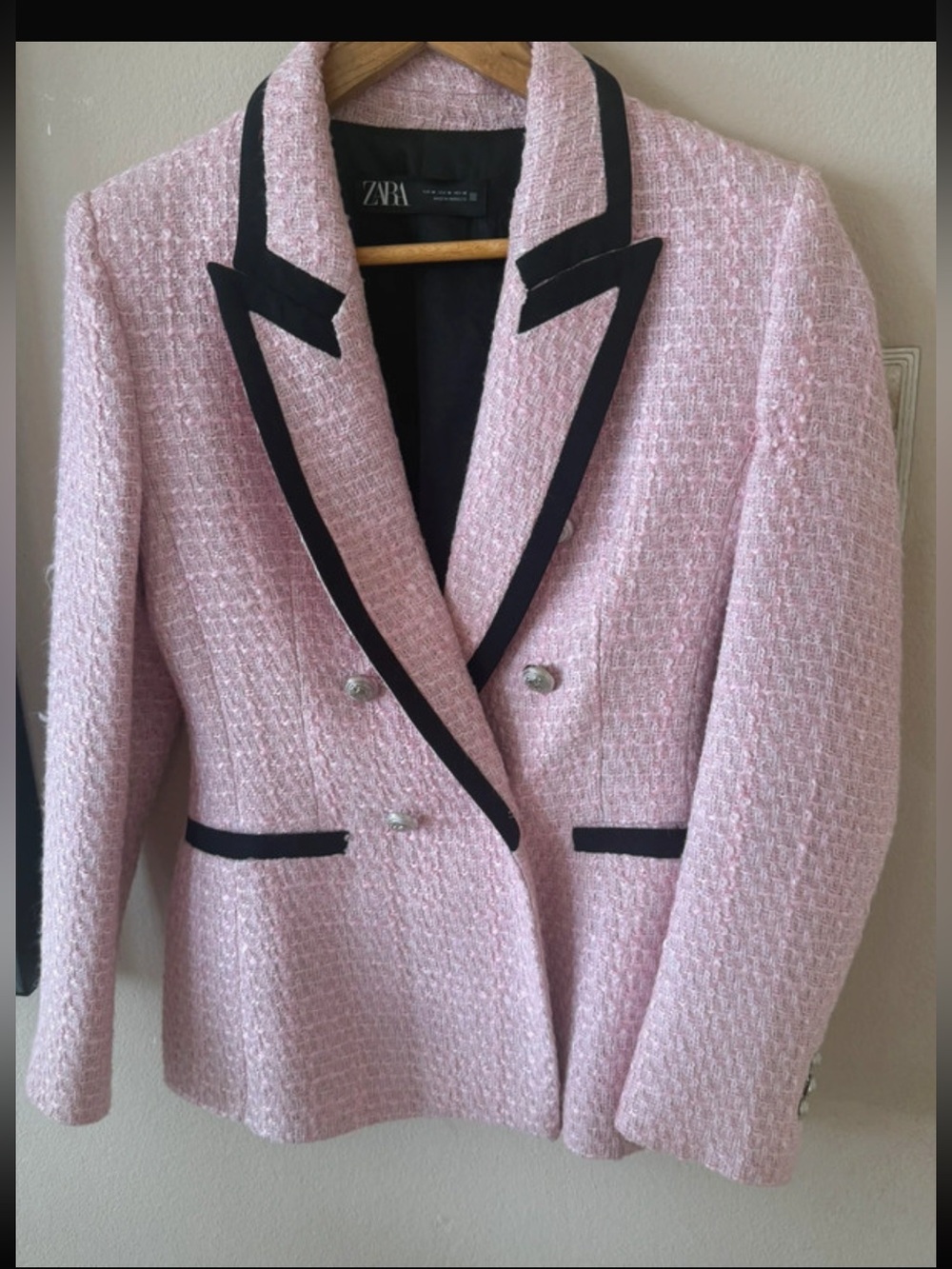 Zara Light Pink Tweed Blazer with Black Trim